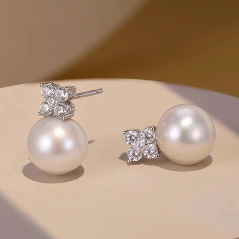 Elegant 10-11mm Freshwater Pearl Zirconia Leaf Earrings - Sterling Silver / Gold Vermeil